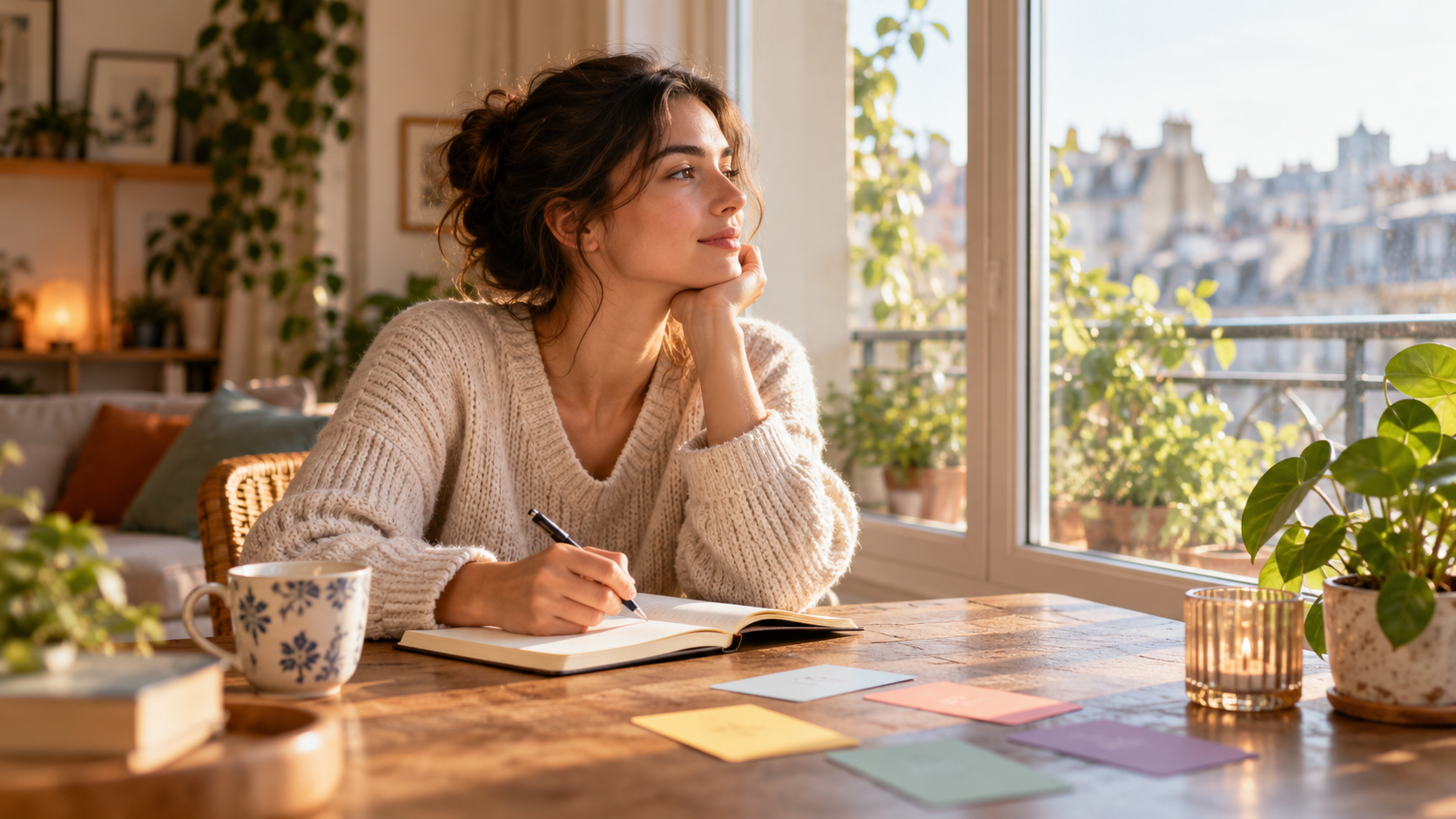 Femme écrivant près d’une fenêtre, illustration des phases de la rupture amoureuse