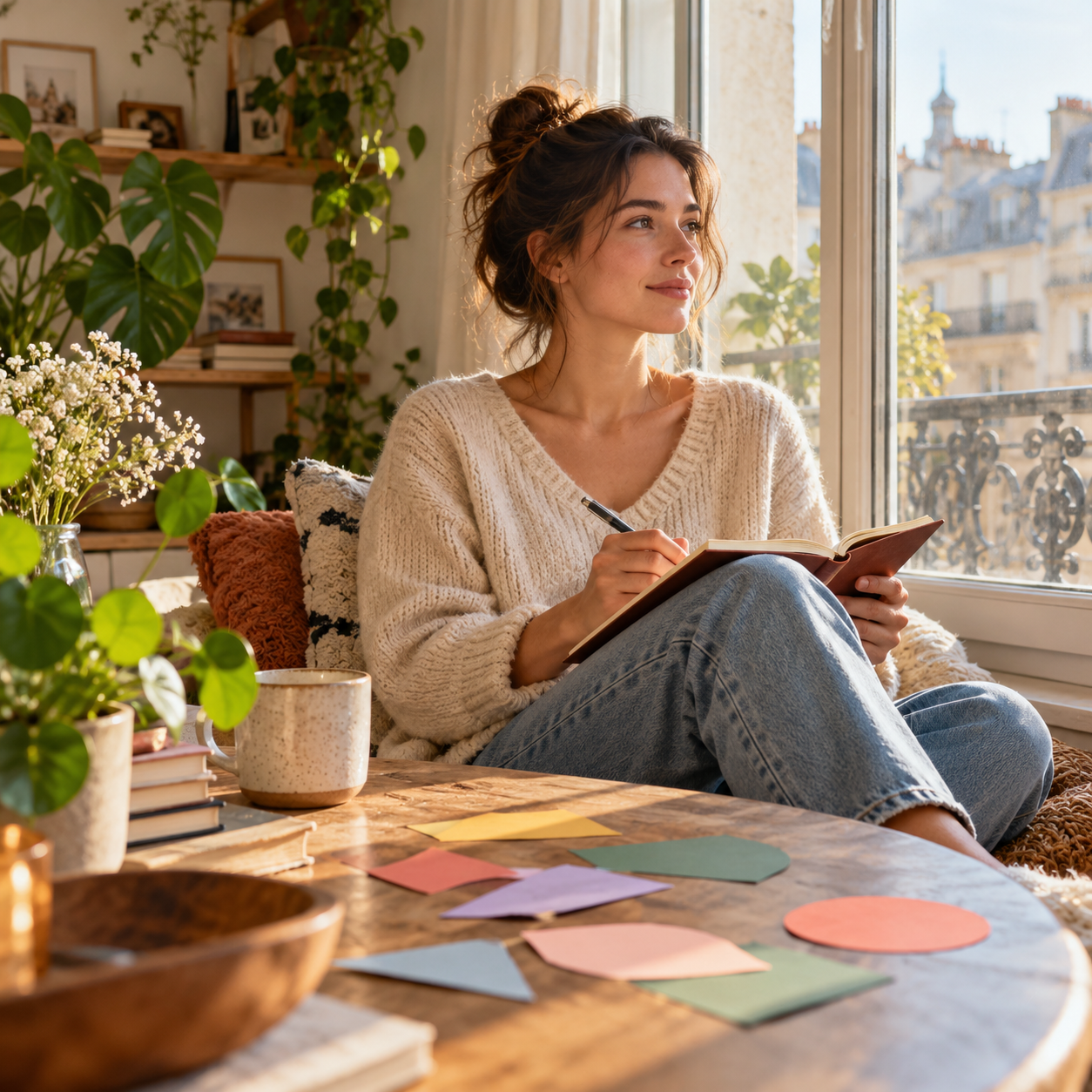 Femme qui écrit près d’une fenêtre, illustration des phases de la rupture amoureuse