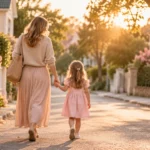 Un adulte et un enfant marchent main dans la main dans une rue calme en fin de journée