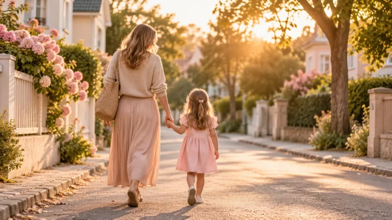 Un adulte et un enfant marchent main dans la main dans une rue calme en fin de journée