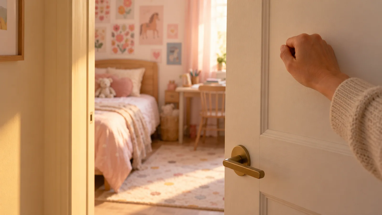 Main d’adulte prête à frapper à la porte entrouverte d’une chambre d’enfant