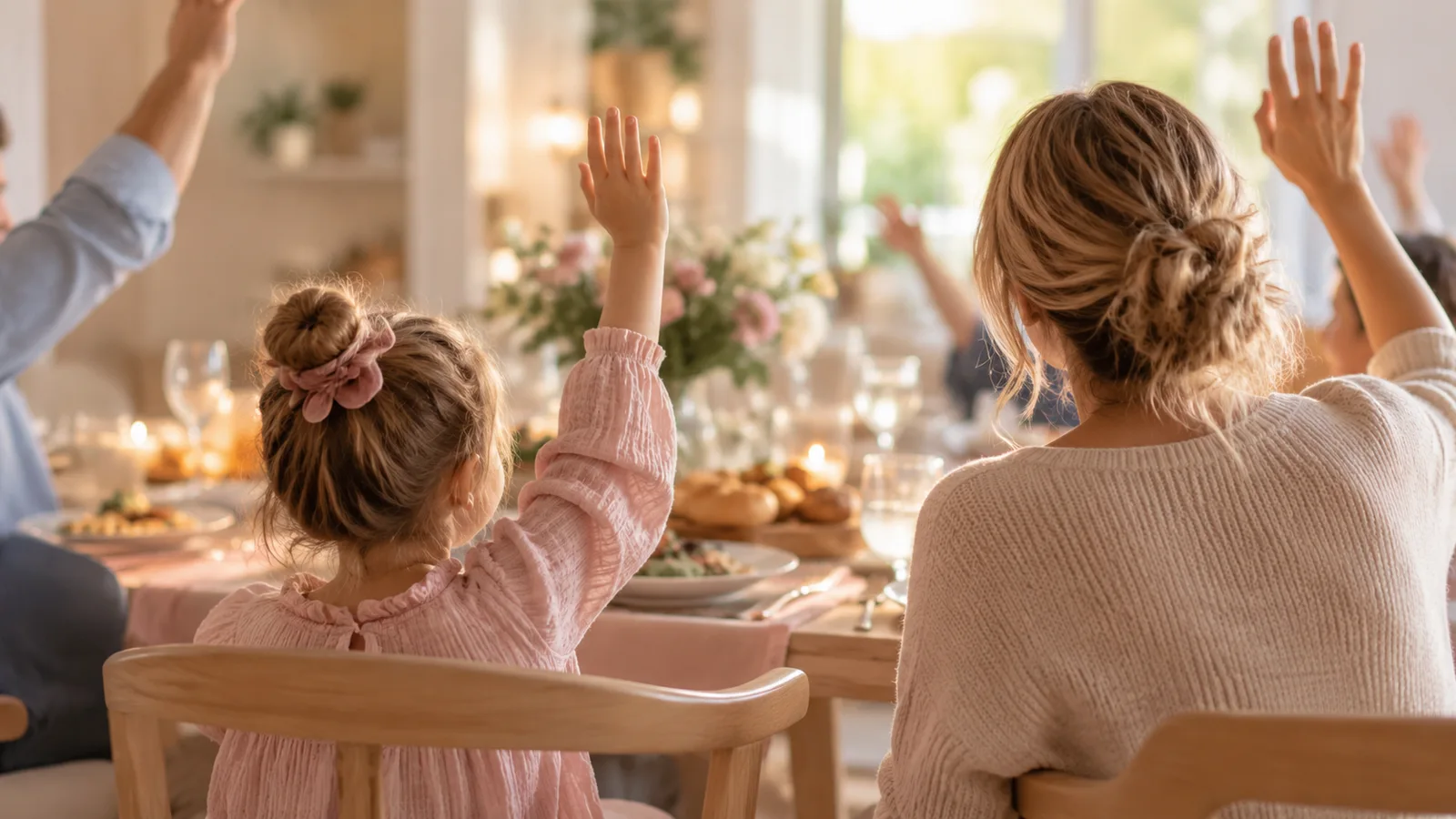 Un enfant et un adulte lèvent la main à table lors d’un jeu pour ou contre
