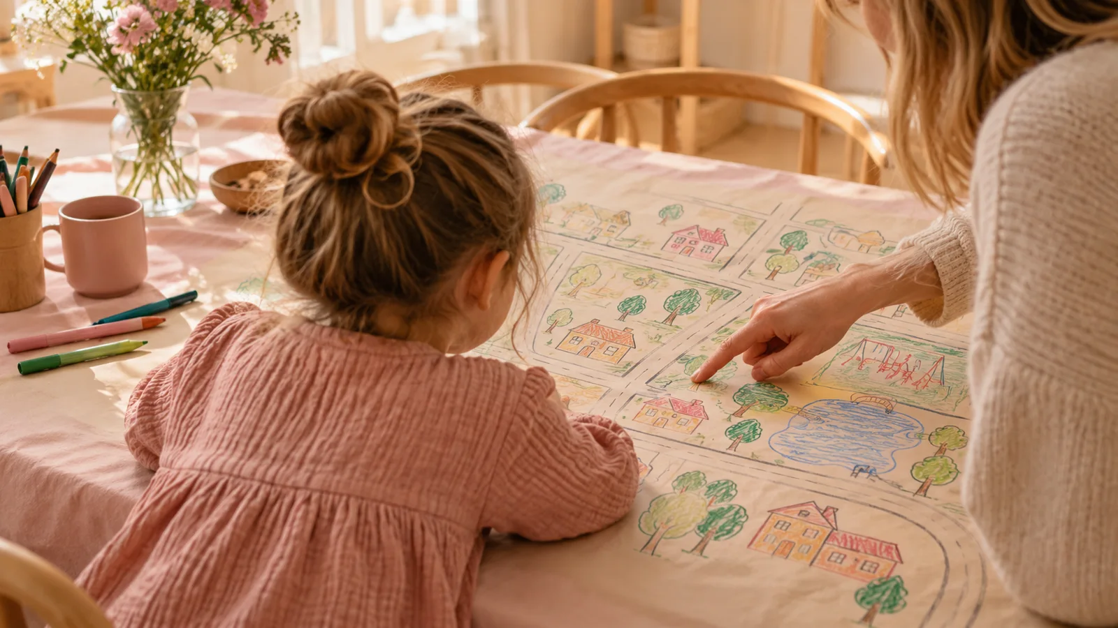 Un enfant et un adulte regardent un plan du quartier dessiné sur une nappe en papier