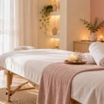 Cabine de soin avec table de massage, serviettes blanches et éclairage doux dans un institut de beauté