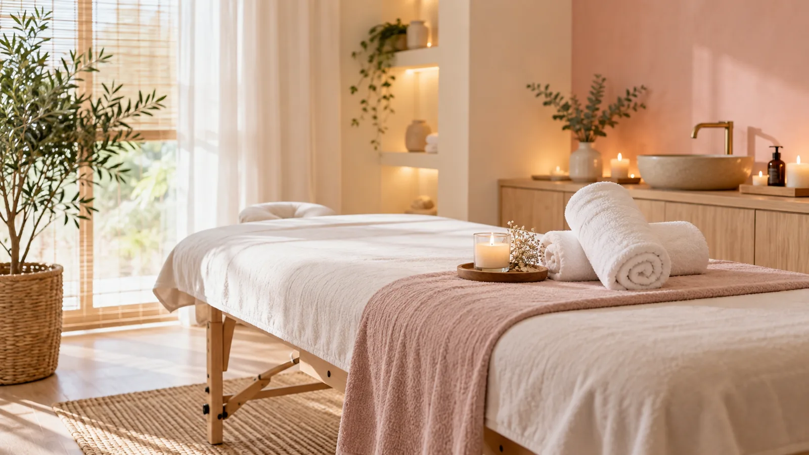 Cabine de soin avec table de massage, serviettes blanches et éclairage doux dans un institut de beauté