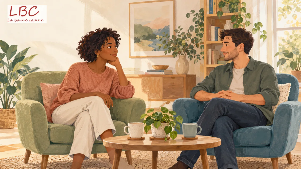 Deux adultes se regardent depuis des fauteuils séparés, près d’une table portant deux tasses et une plante.