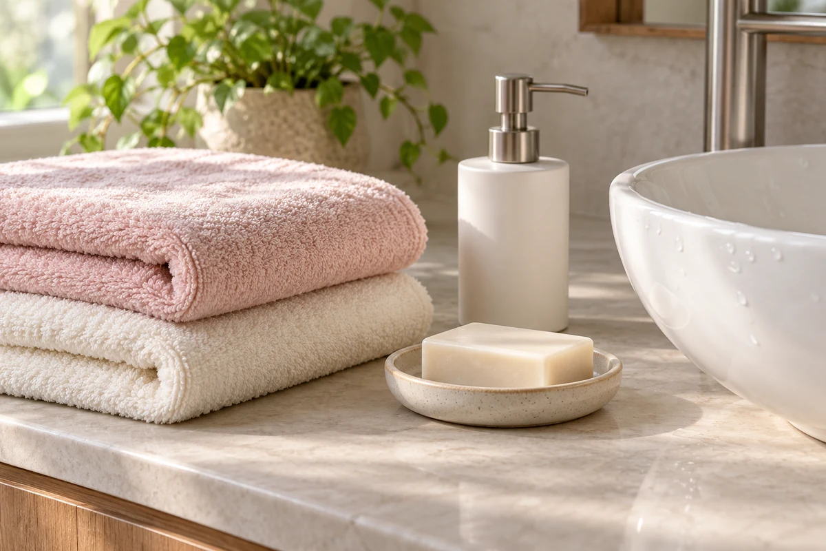 Serviettes propres, savon et flacon neutre à côté d’un lavabo.
